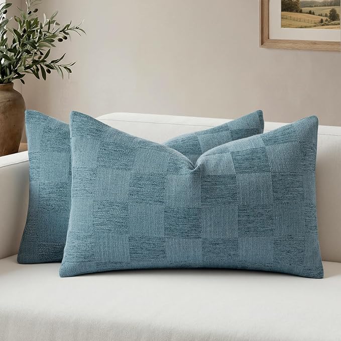a moment Set of 2 Decorative Linen Throw Pillow Covers,Large Grid Textured Neutral Boho Farmhouse Cushion Covers,Soft Aesthetic Pillowcases for Couch Sofa Living Room Home Decor,20x12 Inch,Blue