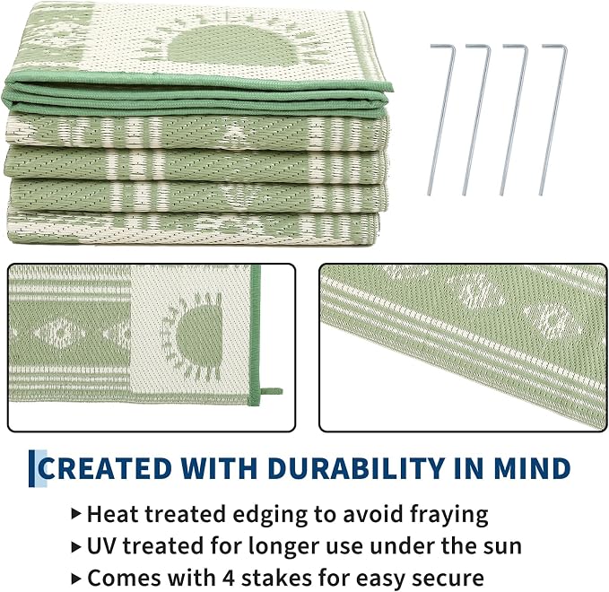 Garvee Waterproof Outdoor Rug 5x8, Cactus Botanical Outdoor Plastic Straw Rug for Camping, Reversible RV Mat Outside, Indoor Outdoor Carpet for Porch, Deck, Backyard, Balcony, Picnic, Sage Green