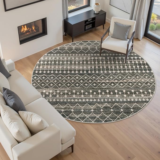 Miukiki Round Rugs 8ft Washable Moroccan Circle Rug for Living Room Non Slip Indoor Floor Carpet Foldable Area Rug for Dining Room with Low PileBlack,8'x8'
