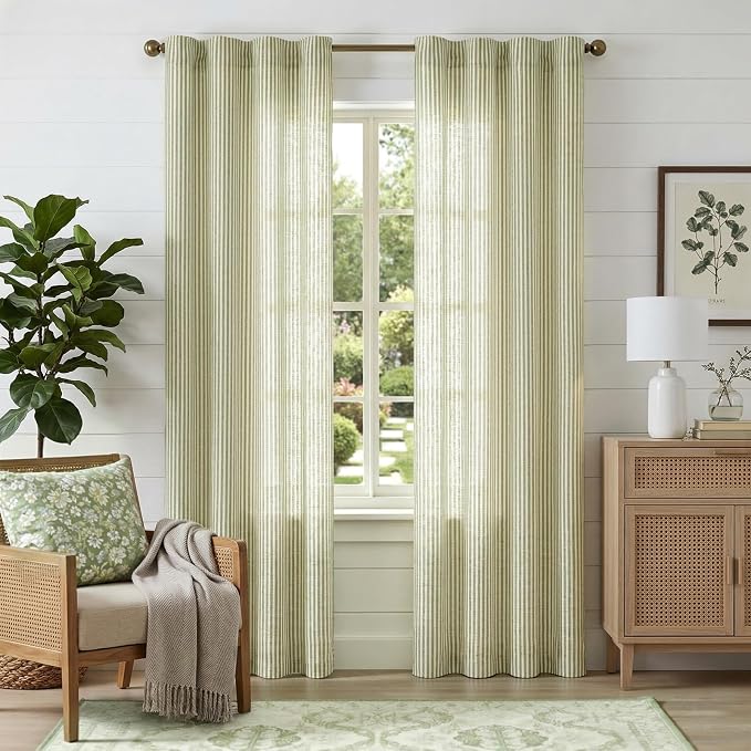 jinchan Linen Curtains 84 Inch Sage Green Stripe on Beige Back Tab 2 Panels | Curtains For Living Room Bedroom,Ticking Stripe, Farmhouse Cottage Core Rustic,Rod Pocket Window Treatment,Light Filtering