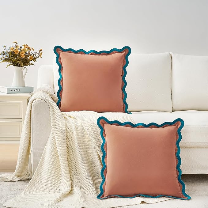 MONDAY MOOSE Decorative Throw Pillow Covers Cushion Cases, Set of 2 Soft Velvet Scalloped Wavy Edge Designs, Mix and Match for Home Decor, Pillow Inserts Not Included (16x16 inch, Teal/Pink)