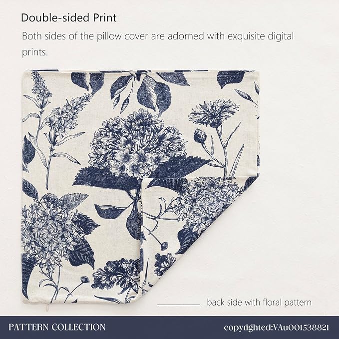Foindtower Set of 2 Linen Floral Vintage Throw Pillow Covers Neutral Accent Print Decorative Cozy Cushion Covers Farmhouse Boho Home Decor for Sofa Chair Couch Bed Living Room,18×18 Inch,Navy Blue