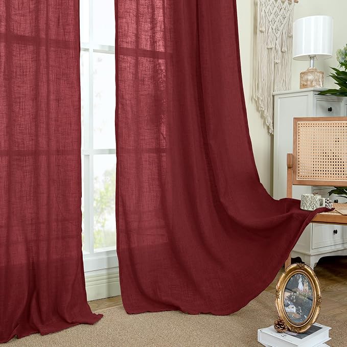 LAMIT 95 Inches Long Linen Curtains for Living Room, Back Tab and Rod Pocket Semi Sheer Panels Light Filtering Christmas Drapes for Bedroom/Dining Room, Burgundy Red, Set of 2, 52 x 95 Inch