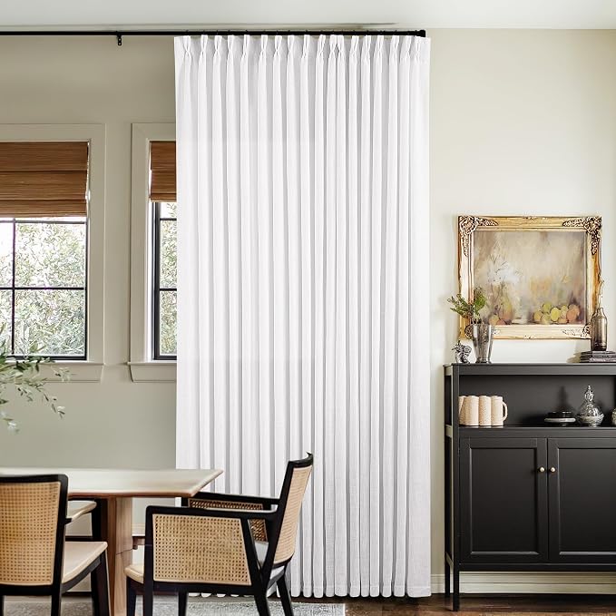 Extra Wide Pinch Pleated Linen Curtains 90 Inches Long 70 Inch Width for Living Room Bedroom Light Filtering White Semi Sheer Pleat Window Curtain Pinch Pleated Drape with Hooks Rings 1 Panel 70x90