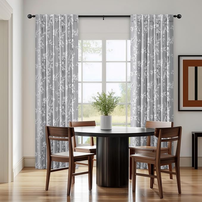FMFUNCTEX 100% Blackout Grey Floral Curtains 63 Inch Rod Pocket 2 Panels | Black Out Drapes, Thermal Insulated Cottage Farmhouse, Blossom Flower Patterned Curtain for Bedroom, Living Room Darkening