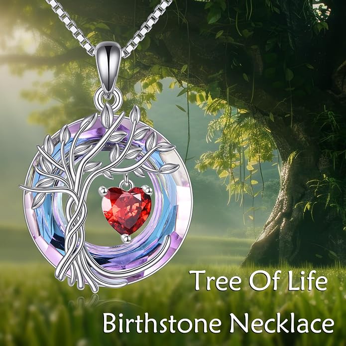 POPLYKE Mothers Day Gifts for Mom Her Wife Tree of Life Necklace 925 Sterling Silver Birthstone Pendant with Crystal Anniversary Birthday Wedding Jewelry for Women