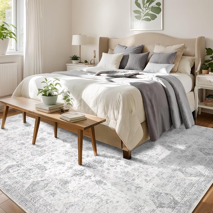 Washable 6×9 Area Rugs for Living Room, Vintage Floral Rug Soft Non Slip Stain Resistant Boho Carpet for Bedroom Dinning Room Kitchen Home Office Grey
