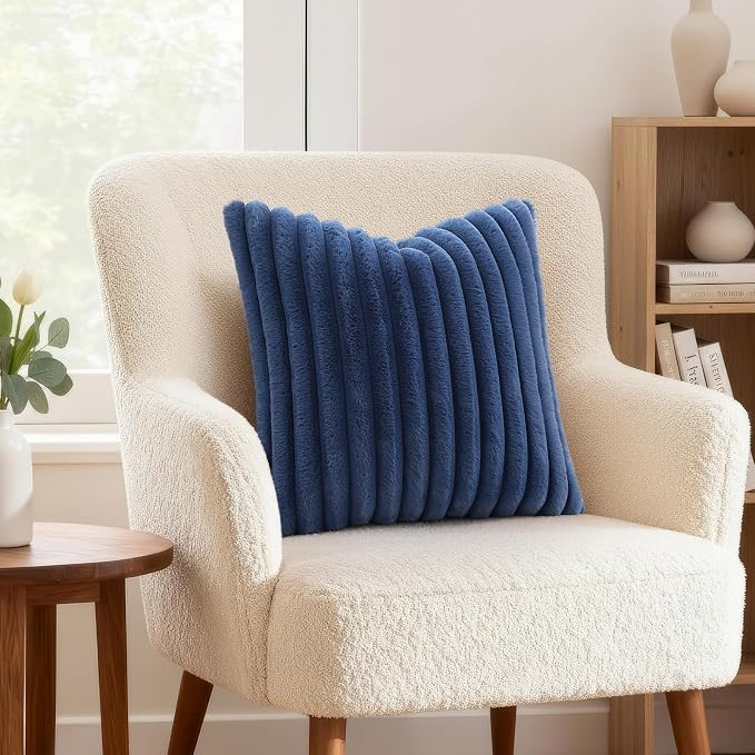 decorUhome Fall Faux Fur Throw Pillow Covers 18x18 Set of 2 Navy Blue | Decorative Soft Cozy Striped Plush Modern Farmhouse Boho Couch Pillow Cases Velvet Back for Sofa Bed Living Room Home Decor