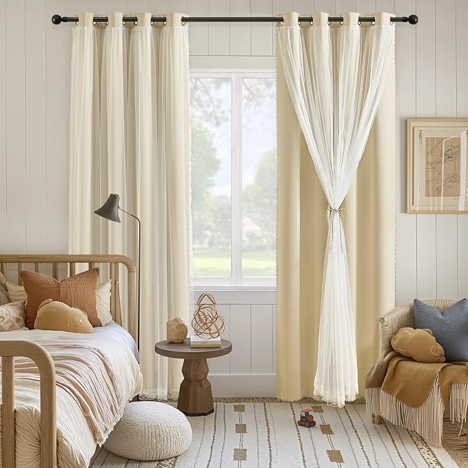 XiDi Beige Double Layer Curtains with Sheer Overlay for Girls Bedroom Living Room 2 Panels Beige Blackout Curtains 96 Inches Long for Kid Nursery Room Decor Thermal Insulated Grommet Drapes W34 x L96