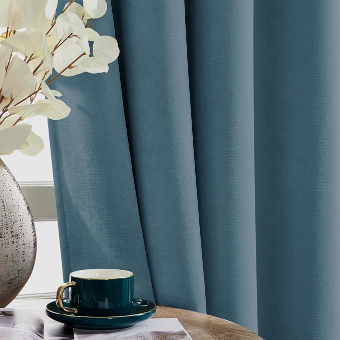 Joydeco Blackout Velvet Curtains Greyish Blue 84 Inch Rod Pocket | Luxury Thermal Insulated Velvet Curtains for Bedroom Living Room, Soundproof Blackout Window Drapes