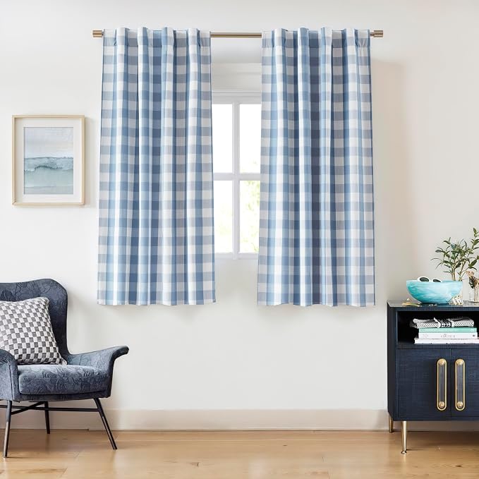 Short Blue Buffalo Plaid Blackout Curtain Panels 63 Inches Long | Gingham Drapes with Room Darkening Liner,Thermal Insulated Window Treatment,Rod Pocket Back Tabs,40"Wx63"Lx2