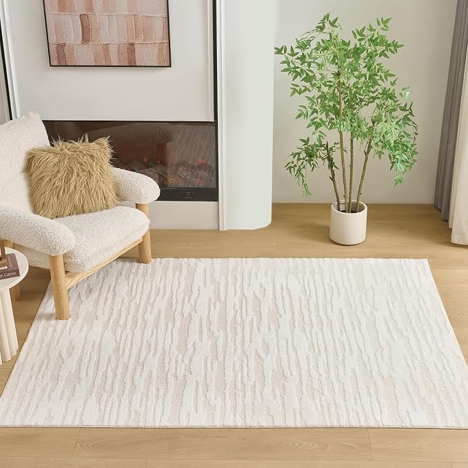 Textured High-Low Striped Area Rug for Living Room Bedroom, Modern, Wabi-Sabi, Minimalist, Japandi, Neutrel, Washable Soft Cozy 5 * 7 feet