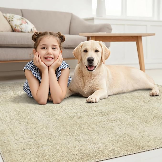 Joydeco 9x12 Area Rugs Classic for Living Room, Beige | Non Slip Machine Washable Low Pile for Bedroom Dining Room Home Office Pet & Child Friendly
