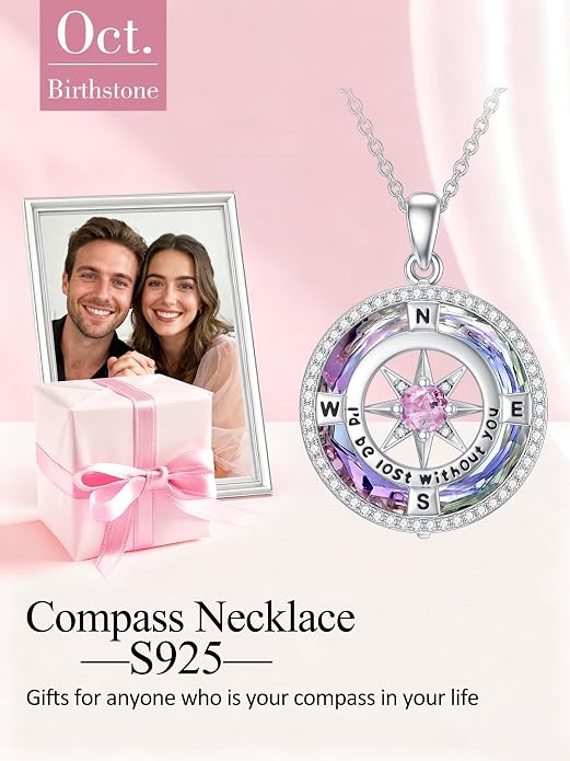 TOUPOP Necklace Gifts for Wife Compass Jewelry Women Anniversary Girlfriend Birthday Gift for Her Valentines I'd be Lost without You Sterling Silver Birthstone Necklaces