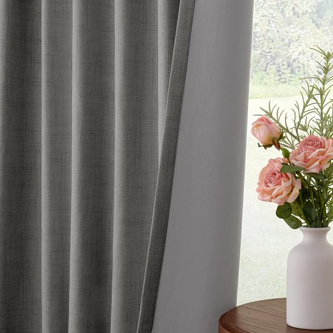 INOVADAY 100% Blackout Curtains for Bedroom, Stoic Gray Black Out Curtains 108 Inch Long, Clip Rings Linen Blackout Drapes, Thermal Insulated Room Darkening for Living Room, 2 Panels - W50xL108
