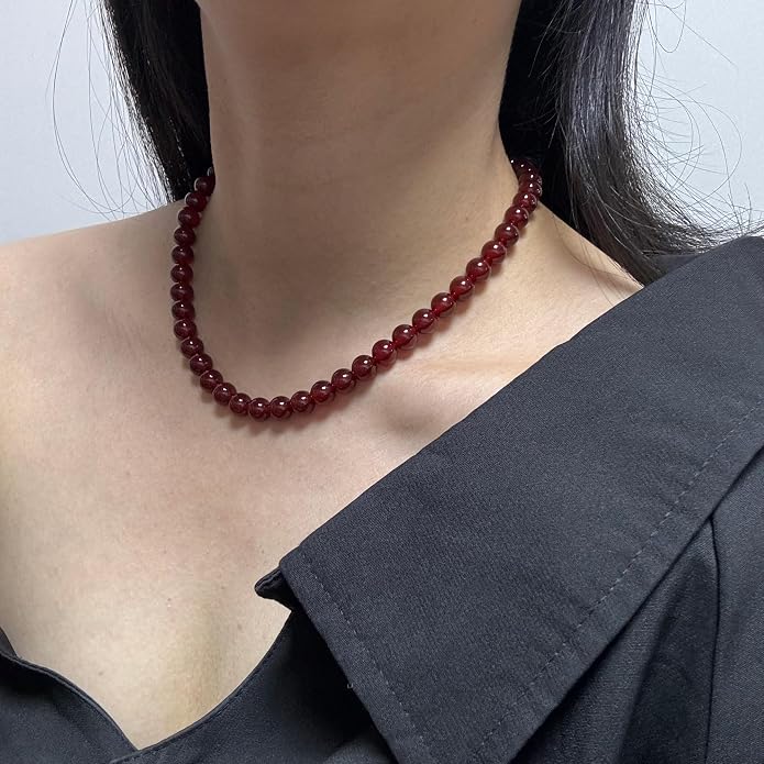 Kakikaki Natural Agate Choker Necklace Sterling Silver Round Beads Strand Necklace for Women