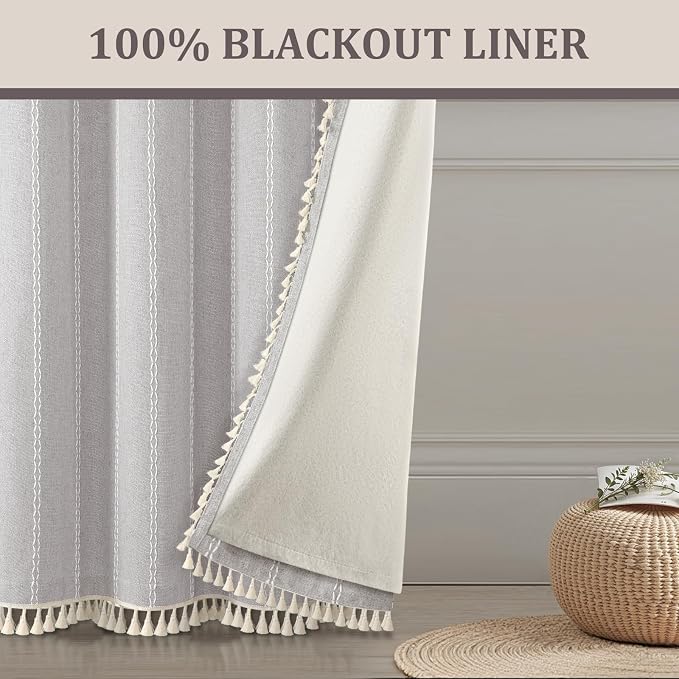 Grey Boho Blackout Curtains 2 Panels 84 Inch for Living Room Bedroom, Linen Texture Farmhouse Curtains with Tassels and White Cotton Embroidery Vintage Rustic Country Western