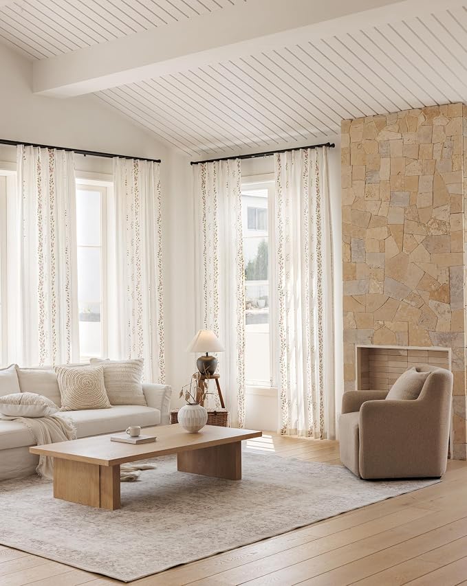 DrapePalette - Linen Blend Pinch Pleated Curtains 102 Inches Long for Living Room, Bedroom, Dining Room, Light Filtering Curtains 2 Panels Set, Modern Floral Printed Design, Pink Pearl, 30" W x 102" L