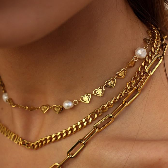 Pearl Necklace Love Heart Choker Link 18k Gold Infinite Elegant Forever Short Satellite Tiny Chain Dainty Cute Statement Valentine's Day Gift Handmade Vintage Jewelry for Women