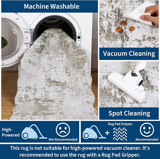 ROYHOME 9x12 Modern Abstract Scalloped Accent Rug Non Slip Stain Resistant Throw Rug Low Pile Machine Washable Indoor Floor Cover for Living Room Bedroom Office Home Decor, Taupe