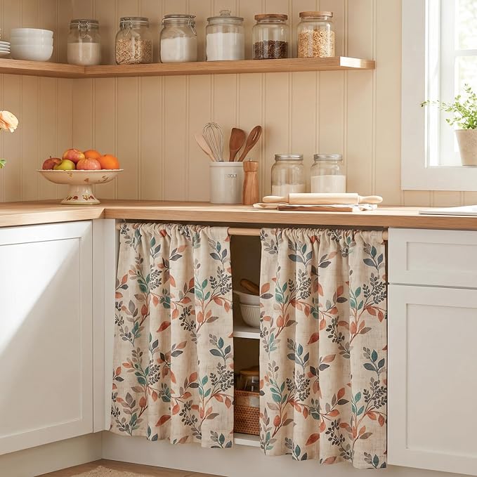 MYSKY HOME Linen Tier Patterned Curtains Over Sink 36 Inch Long Set of 2 Light Filtering Privacy Half Window Curtains with Rod Pocket for Kitchen, Cabinet, Basement, Camper, Burnt Orange, 30" Wide