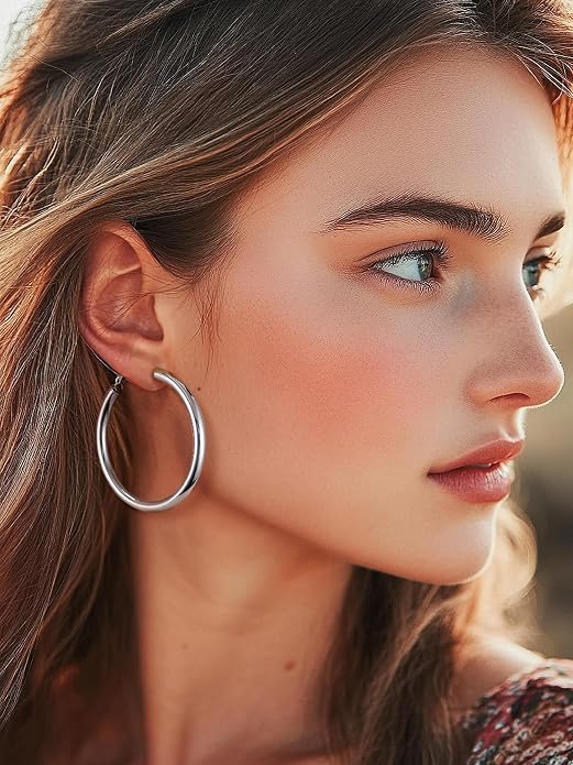Stainless Steel Chunky Hoop Earrings For Women, Minimalist and Chic, Black/Gold Plated, Round Hoops Earrings Hypoallergenic, Size: 30mm/40mm/60mm/80mm, Come with Box