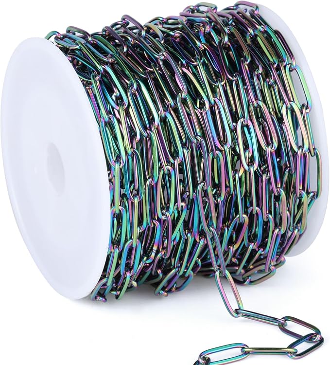 [16.5 Ft] Stainless Steel Paperclip Chains Roll, 4.3mm Width Rainbow Plated Stainless Steel Oval Link Chains Spool Bulk for Jewelry Making