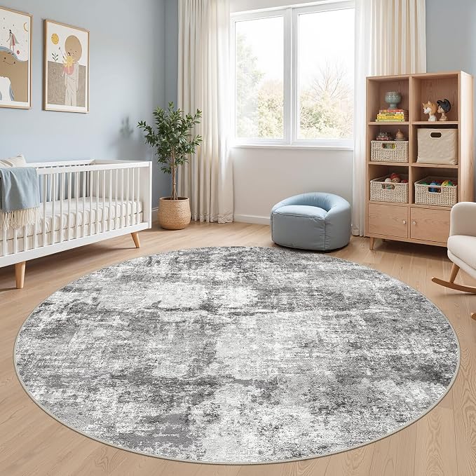 DMOYEST 8ft Round Area Rug for Living Room - 8x8 Washable & Non Slip Circle Rug, Kid & Pet Friendly Soft Low Pile Abstract Carpet for Bedroom and Dining Room - Grey
