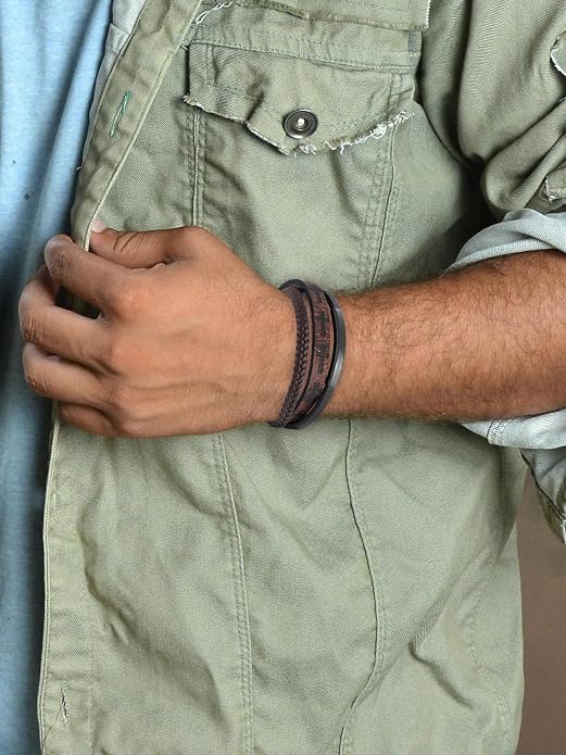 Mens Leather Cross Bracelet Multilayer Braided Wristband Bangle Bracelets with Stainless Steel Buckle Religious Gift for Men Brown/Black/Blue–8.3 inch