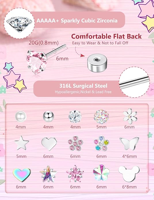 CASSIECA 16 Pairs Hypoallergenic Screw Back Earrings for Women Girls 316L Stainless Steel CZ Ball Heart Flower Screwback Flat Back Stud Earrings Jewelry Gift Women Multicolored Pink