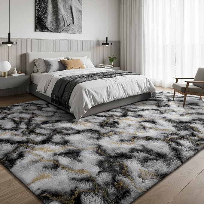 Deerhoo Shag Area Rug, 4 X 6 Tie-Dyed Plush Fuzzy Rugs for Living Room, Ultra Soft Fluffy Furry Rugs for Bedroom, Anti-Skid Indoor Carpet Nursery Rugs for Kids Room Home Decor, Black White Gold
