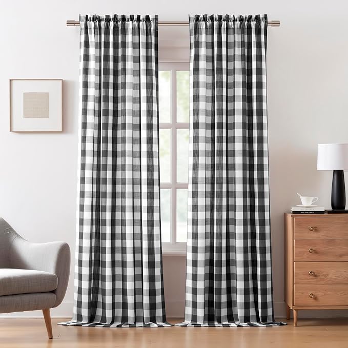 Buffalo Plaid Black White Curtain Panels 84 Inch Rod Pocket | Semi Sheer Drapes,Yarn Dyed Checkered Gingham Geo Fabric,Rustic Window Treatment for Bedroom Living Room,2 Panels,40"Wx84"L