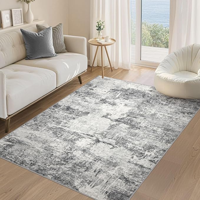 DMOYEST 4x6 Area Rug - Washable & Non Slip Indoor Rug for Living Room, Ultra Soft Abstract Low Pile Carpet, Kid & Pet Friendly Neutral Decor for Bedroom - Grey