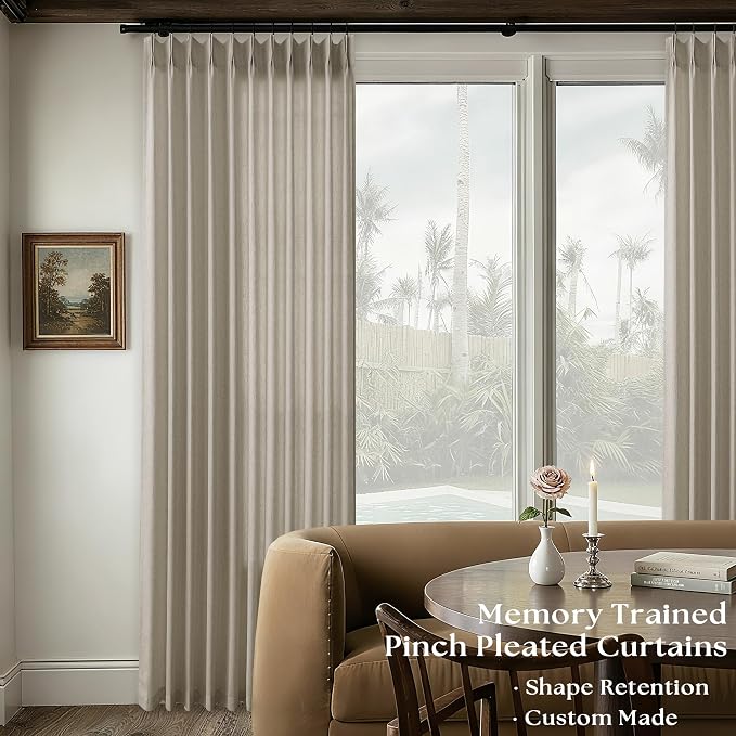 Extra Wide Semi Sheer Linen Curtains 96 Inches Long 72 Inch Wide | Taupe Burlywood Birch, Farmhouse Drapes, for Patio Sliding Glass Door, Large Windows Curtain, 72x96 Curtains, Hooks Rings