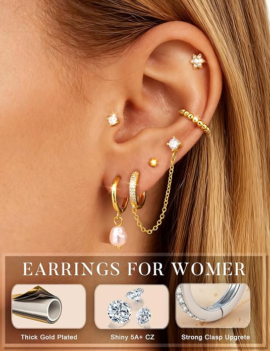 Small 14K Gold Plated Huggie Hoop Earrings for Women Lightweight Double Piercing Chain Earrings Dainty Stud Earrings Hypoallergenic 14K Gold Plated Hoop Earrings Set