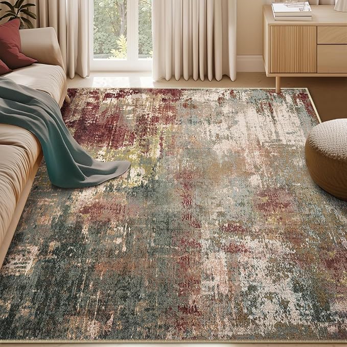 RELEANY Washable Area Rugs 5'x8' Non-Slip Modern Abstract Soft for Living Room Entryway Bedroom Kitchen, Print Pattern, Brown Rust Red Green Blue Multi