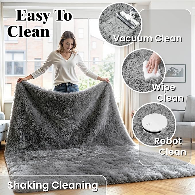 8x10 Area Rug for Living Room, Ultra Soft Fluffy Light Grey Rugs for Bedroom, Non Slip Large Shag Carpet, Fuzzy Plush Nursery Rug, Thick Washable Indoor Floor Carpets for Kids Office Dorm Home Decor