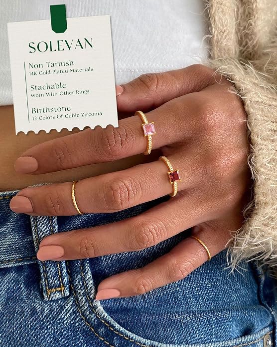 Birthstone Gold Rings for Women Non Tarnish 14K Gold Plated Stackable Cubic Zirconia Thumb Rings Dainty Cute Emerald Eternity Band Pinky Ring Engagement Wedding Promise Rings Jewelry Gifts