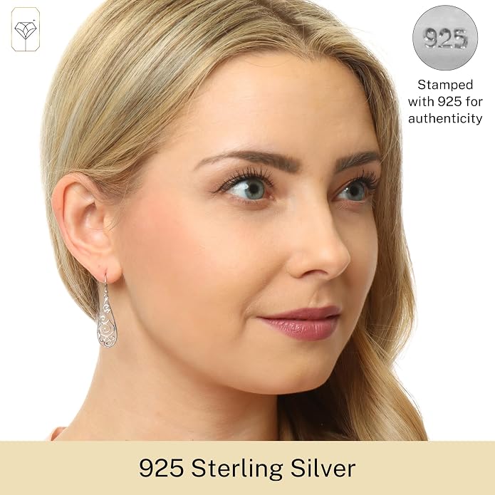 MAX + STONE 925 Filigree Sterling Silver Teardrop Dangle Anti-tarnishing Statement Earrings for Women
