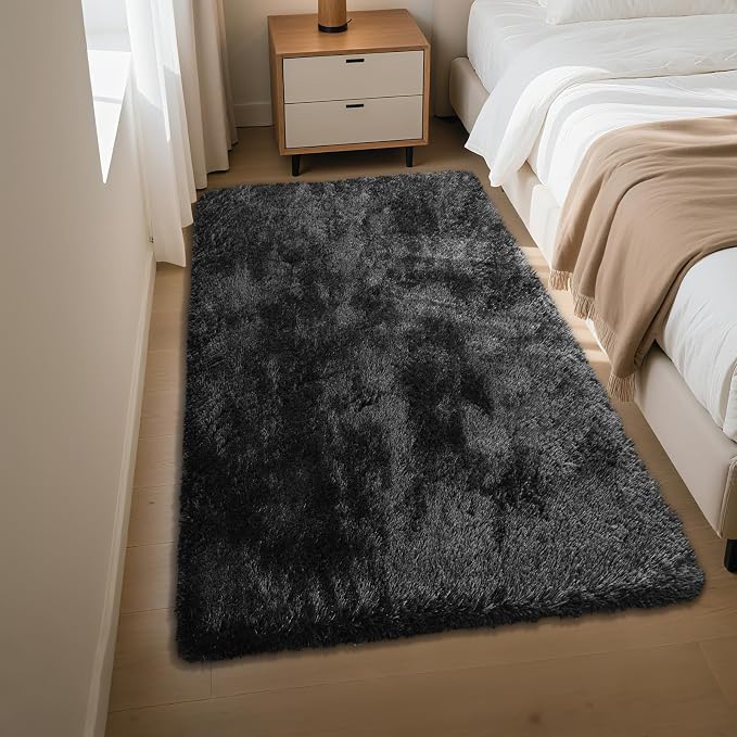 Fluffy Rug Shag Area Rug, Black 3x5 Area Rugs for Bedroom, Small Bedside Rug, Soft Fluffy Shag Entryway Throw Rugs for Living Room Bedroom Room Home Decor