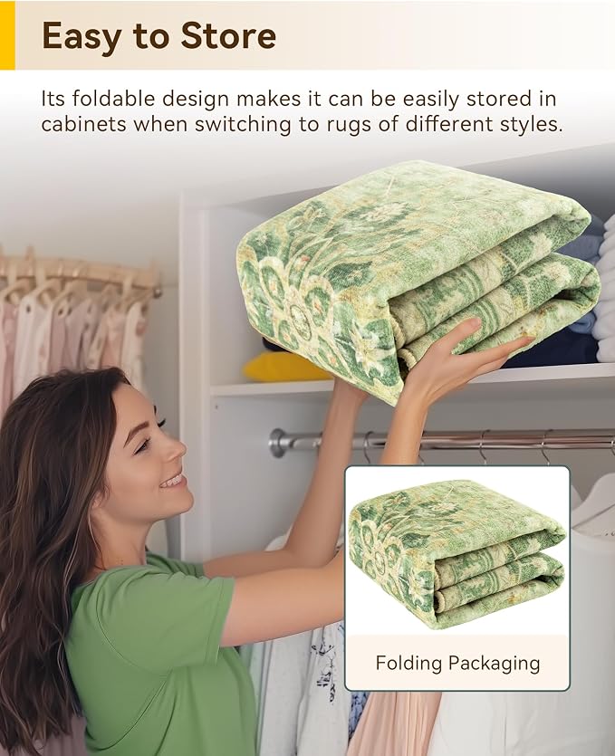 RELEANY Area Rugs Round 8ft Washable Non-Slip, Floral Vintage Distress Medallion Carpet for Living Room Bedroom Dining Room, Sage Green Yellow
