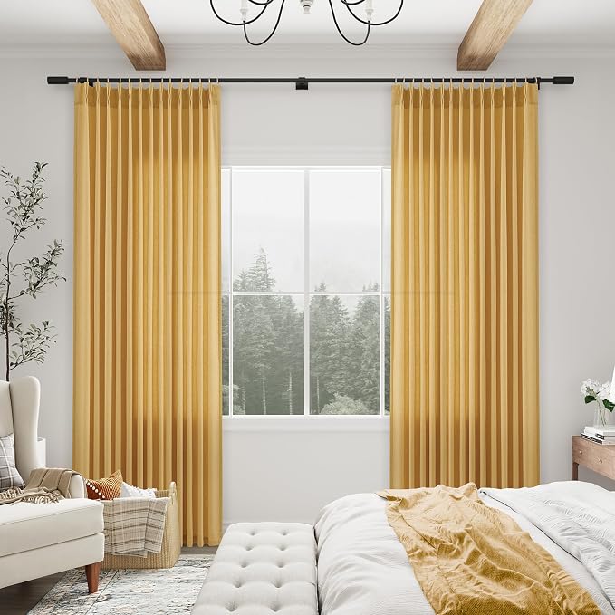Aersas Gold Yellow Pinch Pleated Linen Curtains 102 Inch Length 2 Panels for Living Room Bedroom Semi Sheer Window Curtain Boho Neutral Back Tab Pinch Pleat Drape with Hooks 40x102