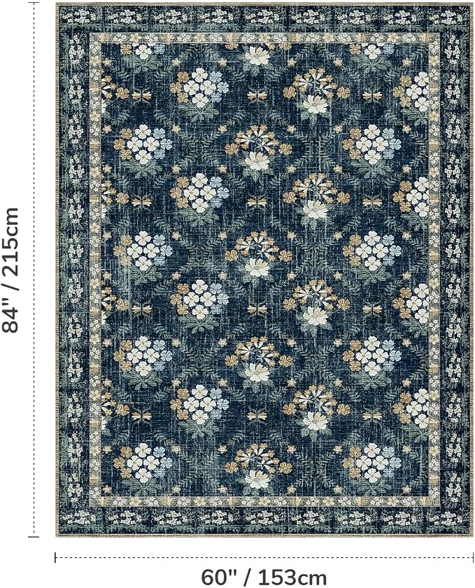 Lessymo Floral Living Room Rug 5x7, Soft Washable Area Rugs for Bed Room Dining Room, Soft Low Pile Carpet with Non Slip Backing Distressed Indoor Boho Carpet, Navy/Beige