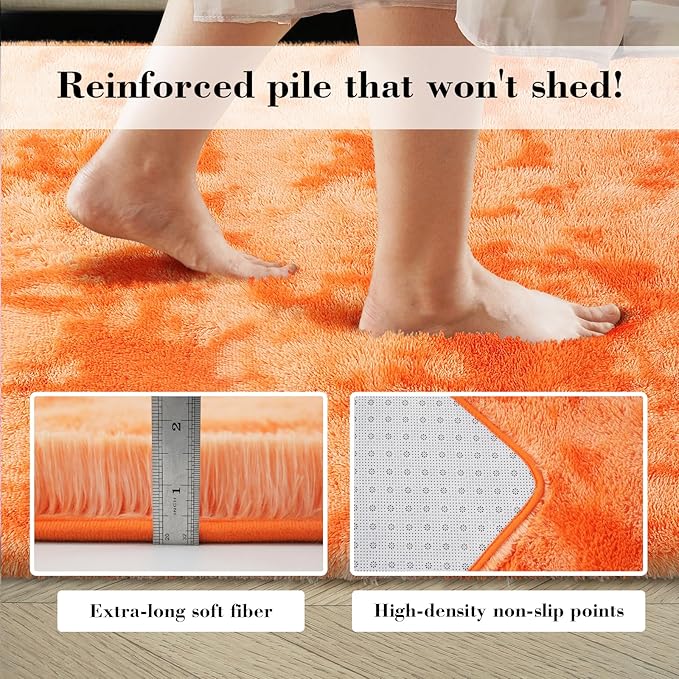 Mottling Orange Fluffy Rug Shag Area Rug 2x4 Area Rugs for Bedroom, Soft Play Mat, Indoor Floor Carpet for Teen, Preppy Dorm, Plush Aesthetic Bedside Rug