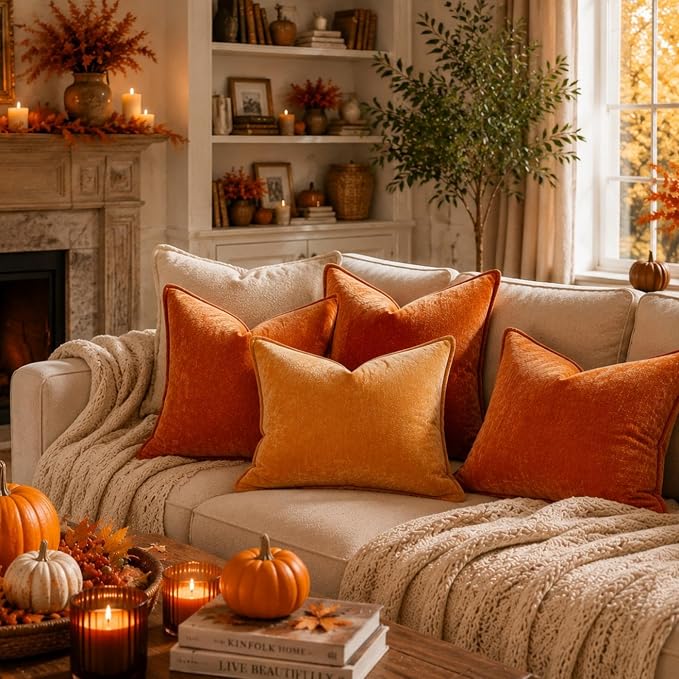 decorUhome Chenille Rust Velvet Throw Pillow Covers 16x16 Set of 2 | Fall Soft Couch Decorative Modern Farmhouse Pillow Cases with Elegant Design for Sofa Bed Living Room Home Decor