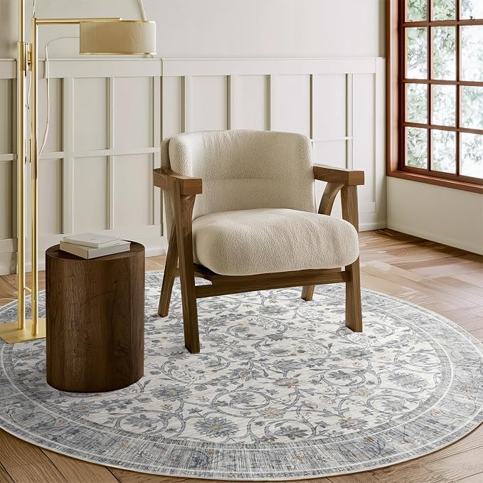 Machine Washable Rugs for Living Room: 4x4 Area Rugs for Bedroom Ultra Soft Non-Slip Low Pile Vintage Boho Large Carpet for High-Traffic Dining Room - Farmhouse Decor