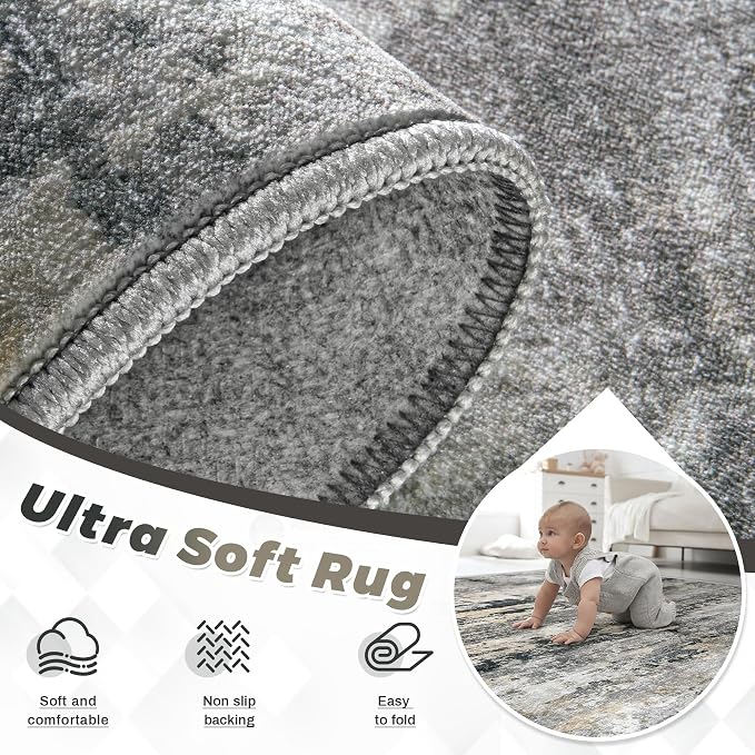 pmtsns Area Rugs 10x14 Living Room: Washable Rug Modern Abstract Neutral Soft Non-Slip Low-Pile Indoor Large Carpet for Bedroom Dining Room Playroom Home Office (Black Grey Brown, 10'x14')