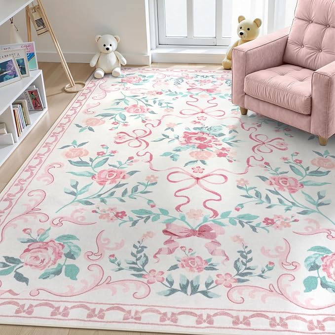 Collive 6x9 Pink Area Rug, Boho Bow and Floral Rugs for Living Room Machine Washable, Soft Ultra-Thin Bow Carpet Non Slip for Girls Room Bedroom Entryway Playroom