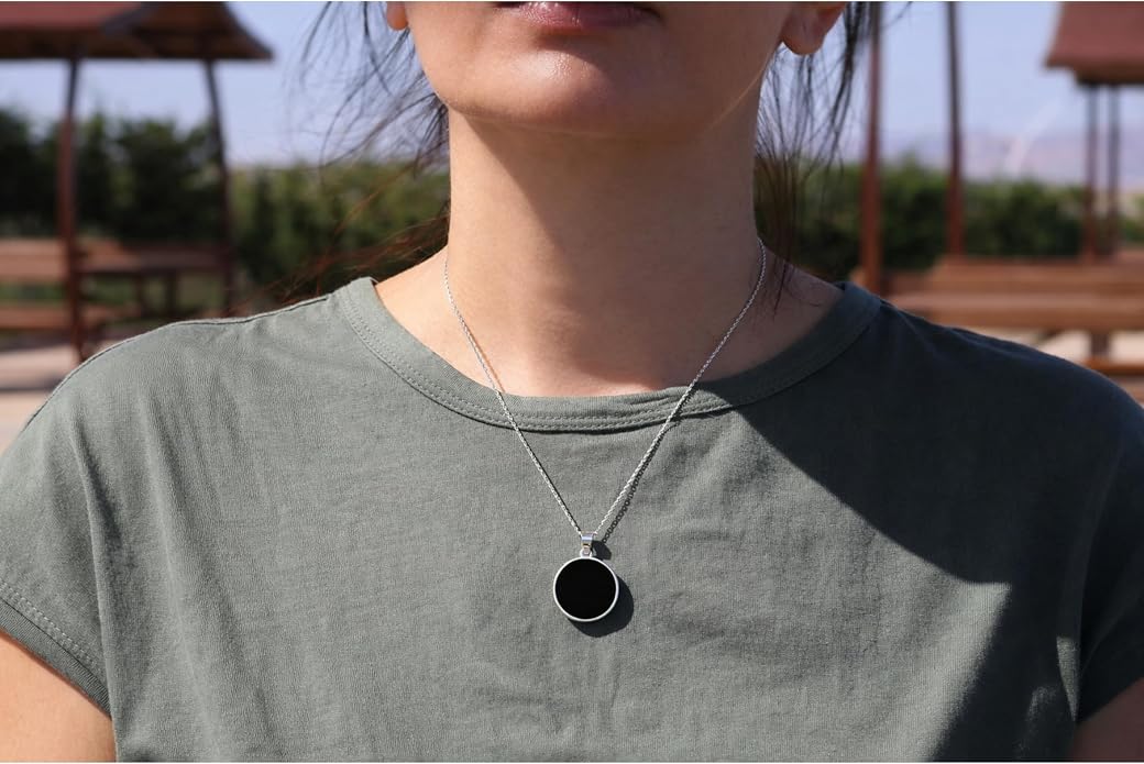 Sterling Silver 925 Black Onyx Flat Round Handmade Pendant Necklace for Women & Men - Unisex
