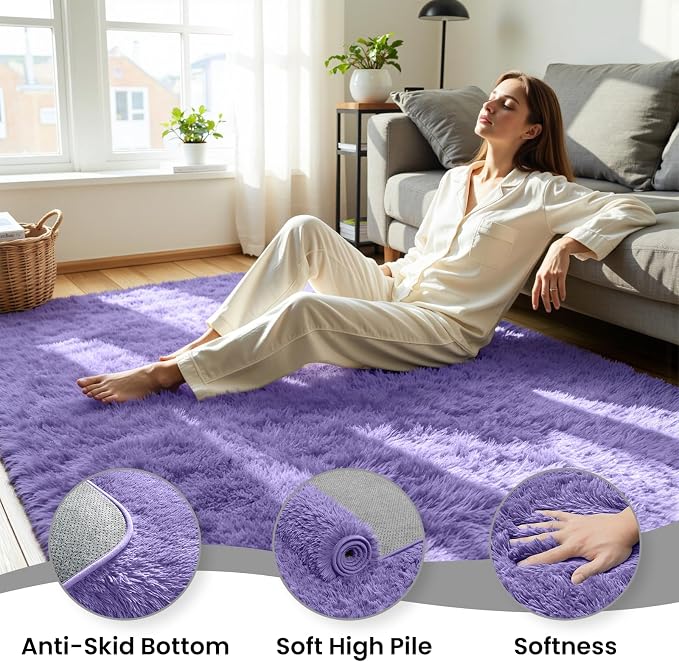 8x10 Area Rug for Living Room, Ultra Soft Fluffy Purple Rugs for Bedroom, Non Slip Large Shag Carpet, Fuzzy Plush Nursery Rug, Thick Washable Indoor Floor Carpets for Kids Office Dorm Home Decor